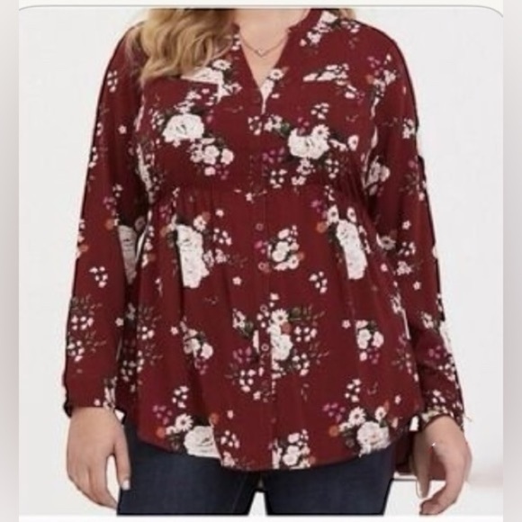 ❄️3/$18 TORRID Burgundy Floral Long Sleeve Blouse, Large - Picture 1 of 10